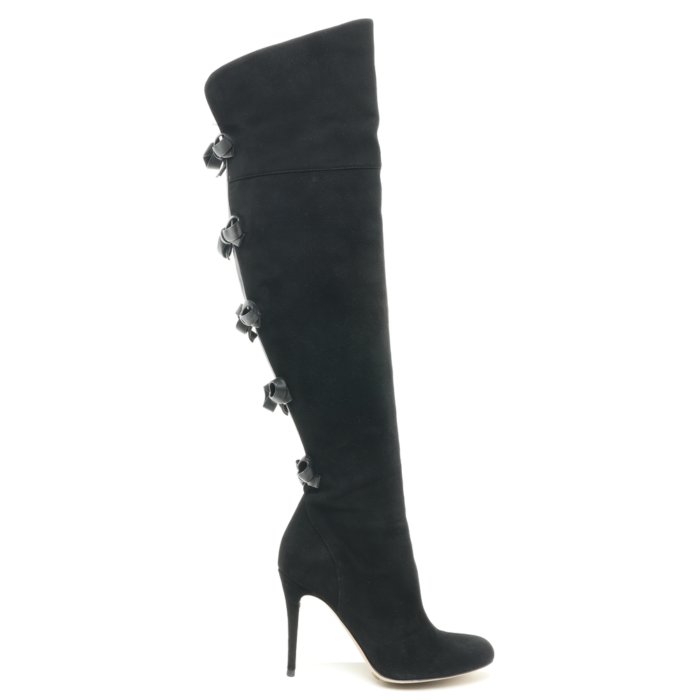 Valentino Bowtie Back Suede Leather OTK Over the Knee Boots Women EU 36.5 Black